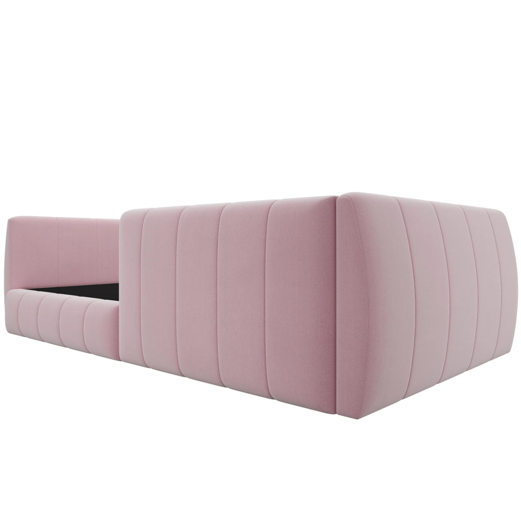 Letto piattaforma imbottito 90x200 cm con spondine di sicurezza; rosa; in MDF e velluto