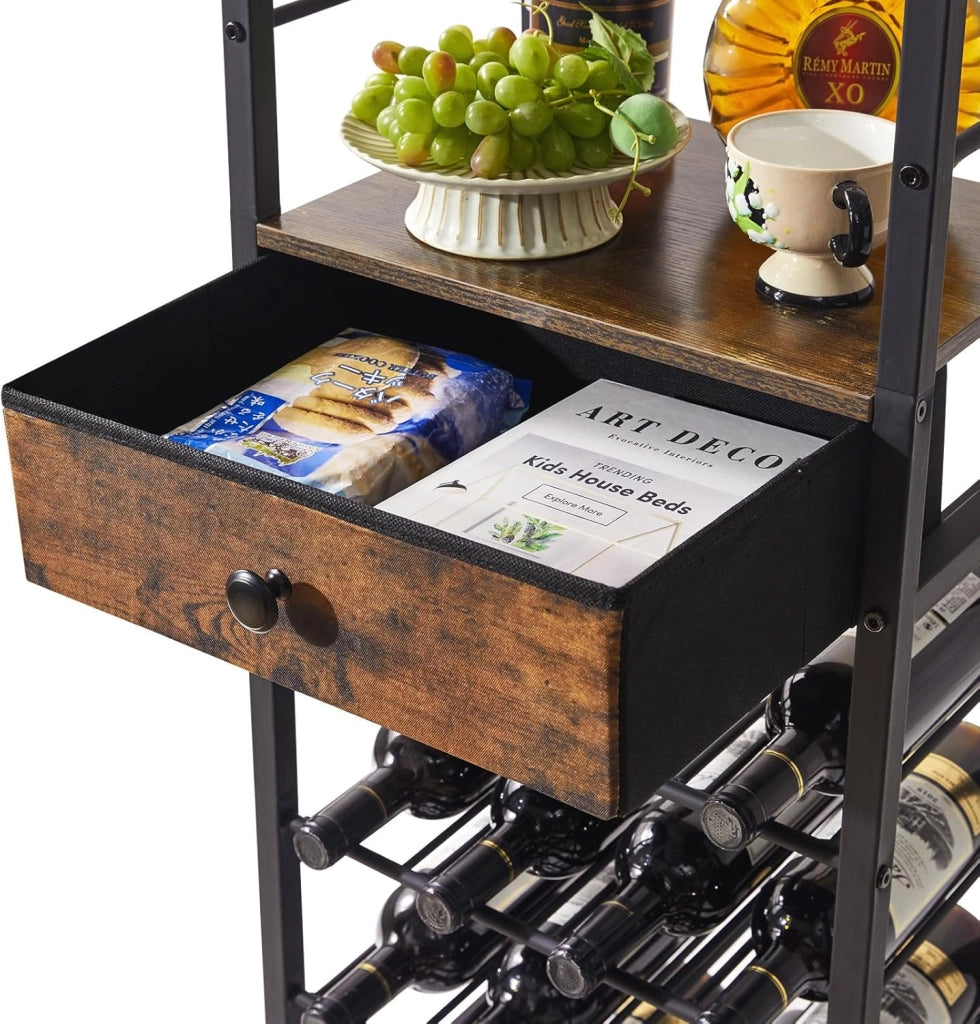 Portabottiglie da Terra a 4 Livelli con Portabicchieri e Cassetto, Portabottiglie da 16 Bottiglie da Banco in Legno, Per Cantinetta Vino, Cucina, Sala da Pranzo, Marrone TMJ905H