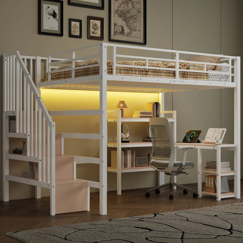 Letto a soppalco in metallo 140x200 cm con scrivania integrata; scale e LED; bianco