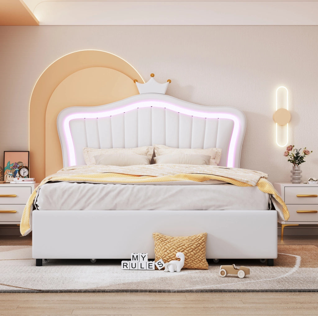 Letto per bambini imbottito 140x200 cm con 4 cassetti; LED e rete a doghe; bianco
