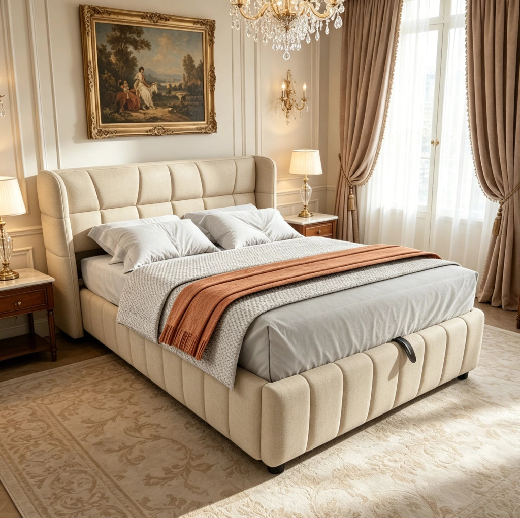 Letto imbottito 140x200 cm con contenitore e rete a doghe; in tessuto beige