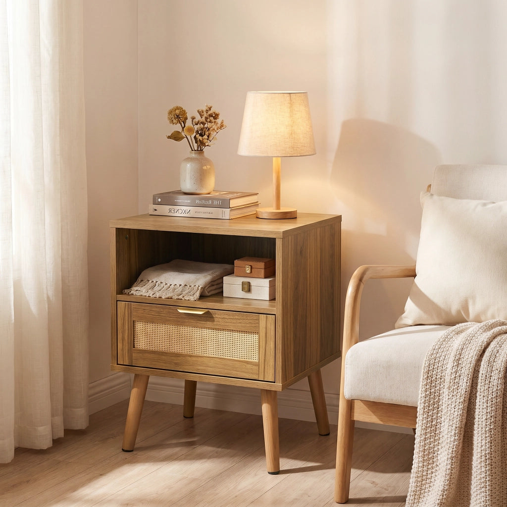 Comodino in rattan con 1 cassetto e vano aperto, stile boho, finitura noce, per camera da letto, 45 × 40 × 55 cm