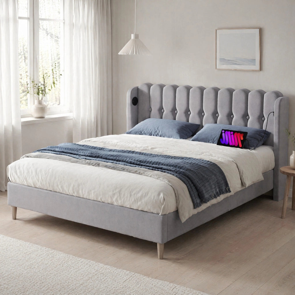 Letto matrimoniale imbottito 160x200 cm in lino grigio con testiera e porte USB/Type-C