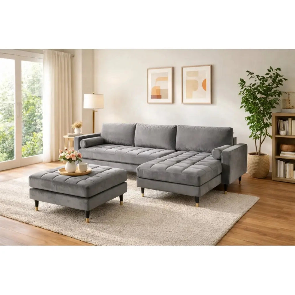 Divano angolare KOLIRI grigio con pouf – Divano design in velluto con struttura in legno massiccio