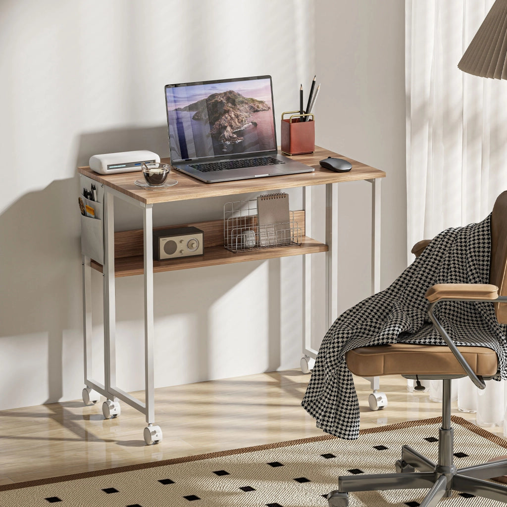 Scrivania Pieghevole con Ruote e Ripiano ¨C zephmum ¨C 80x50x75 cm Bianco e Naturale