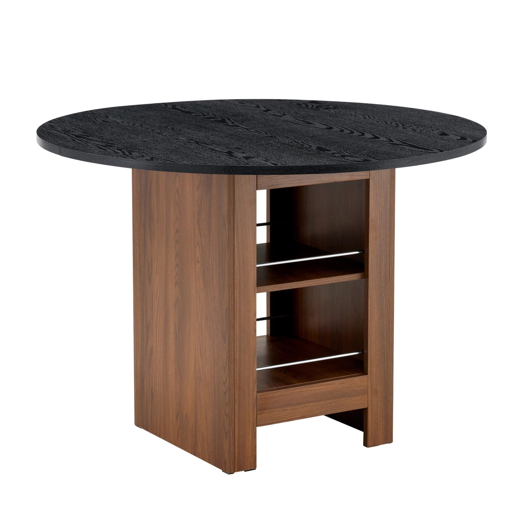 Tavolo da pranzo rotondo con vani contenitore in MDF nero effetto noce, diametro 100 cm, altezza 76 cm