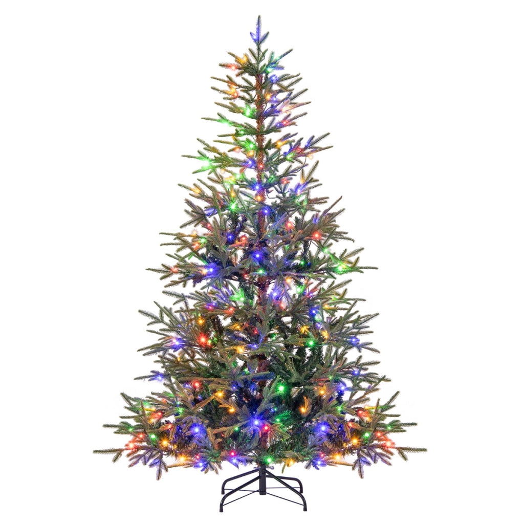Albero di 180 cm natale artificiale pre-illuminato con luci led calde e multicolori, Albero base metallica pieghevole