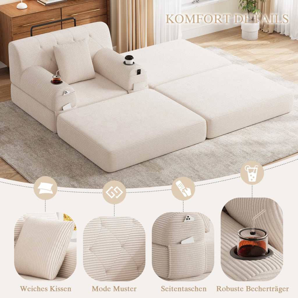 Poltrona letto compatta con funzione letto schienale alto tasche laterali e portabicchieri in tessuto cord beige
