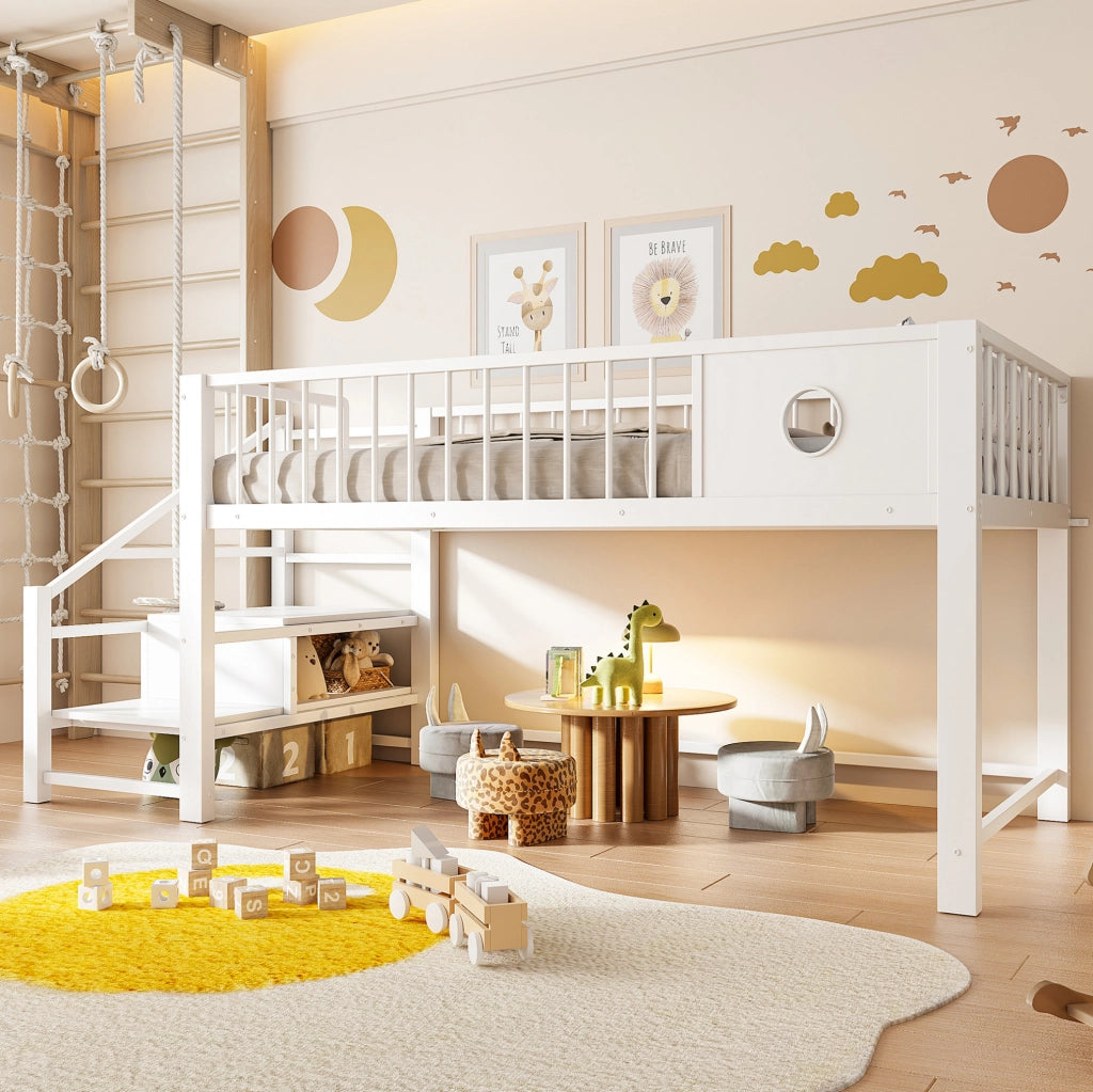 Letto a soppalco basso per bambini 90x200 cm in metallo bianco