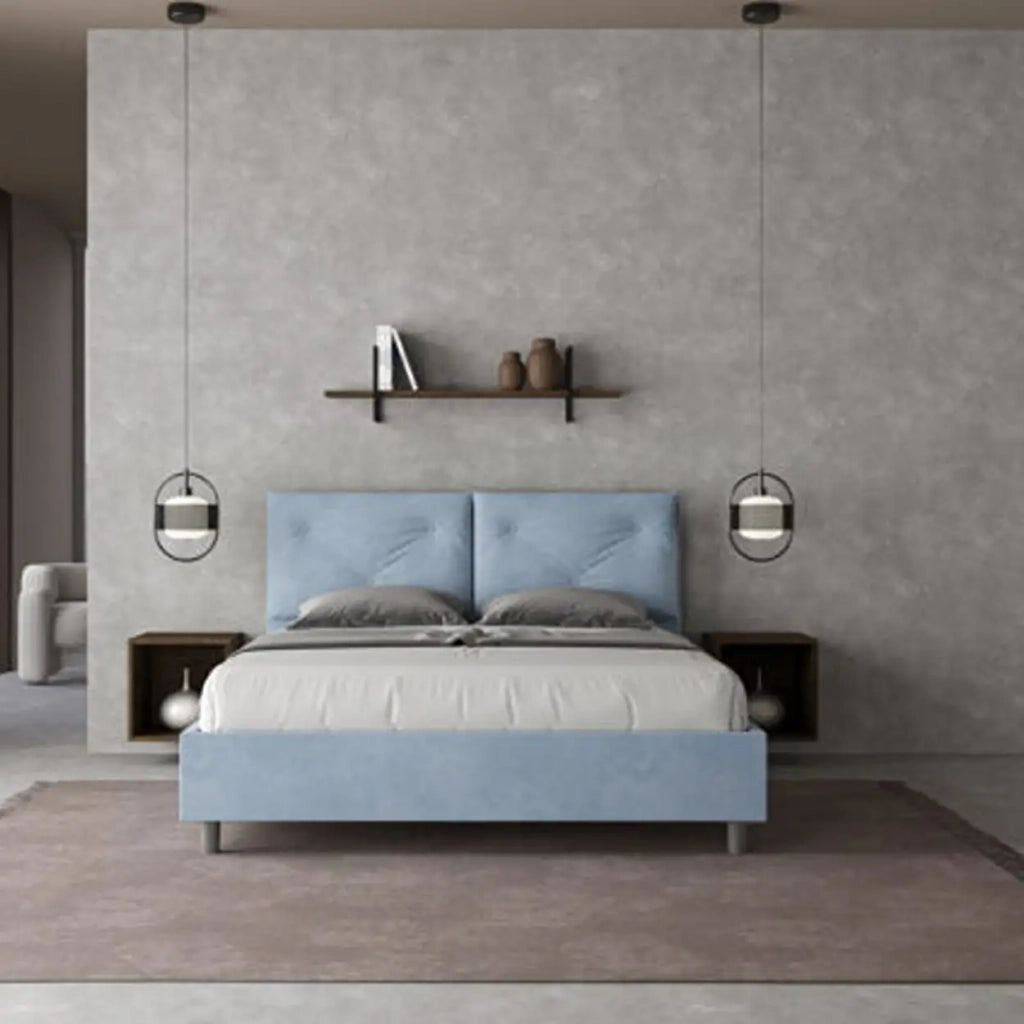 Letto matrimoniale senza rete imbottito 160x210 microfibra azzurro Appia