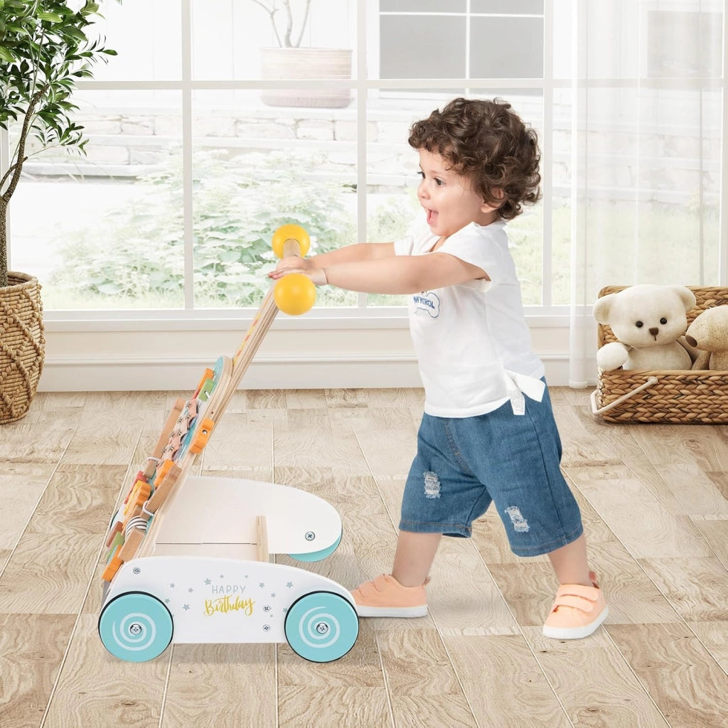 Girello in Legno per Bmabini, Passeggino Regolabile in Altezza con Centro Attività, Carello Primi Passi con Xilofono, Blocchi Scorrevoli e Perline Mobili, per Bambini 1+ Anni