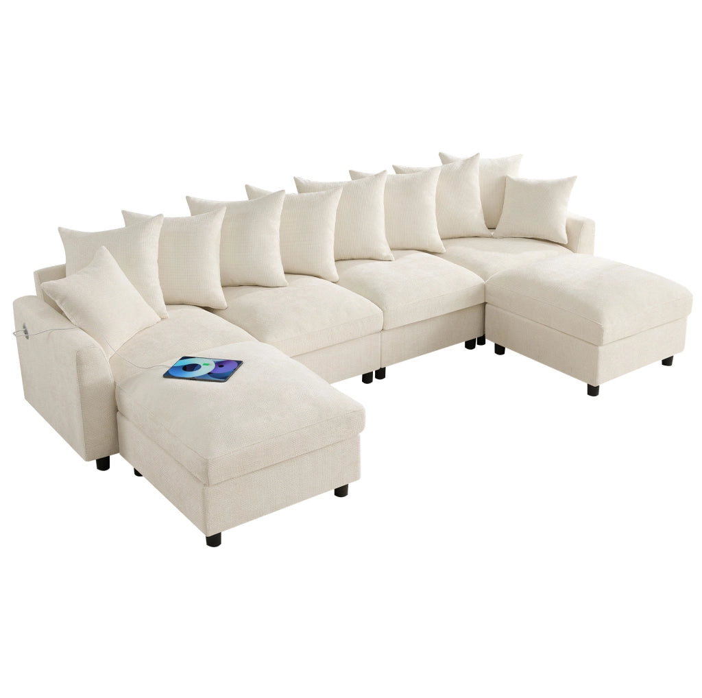 Divano angolare modulare 6 posti a U/L con 2 pouf; USB e Type-C; ciniglia beige