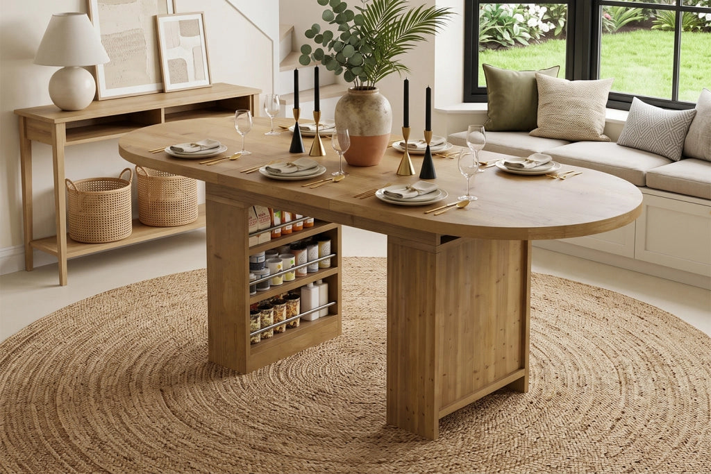 Tavolo allungabile per 6-8 persone con 2 vani aperti e piano spesso, struttura robusta, per sala da pranzo, in MDF, rovere