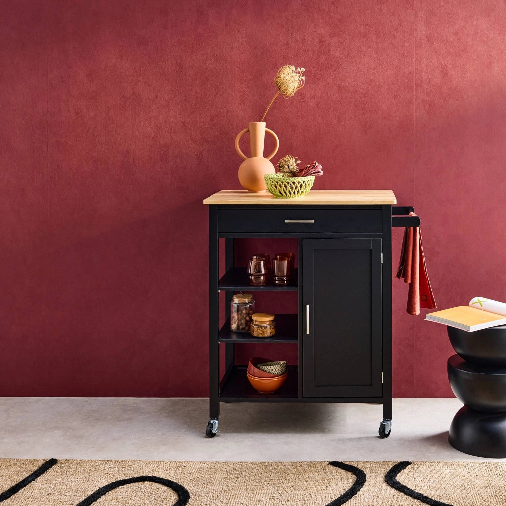 Carrello da cucina in legno di gomma con 5 ripiani, 74cm, nero