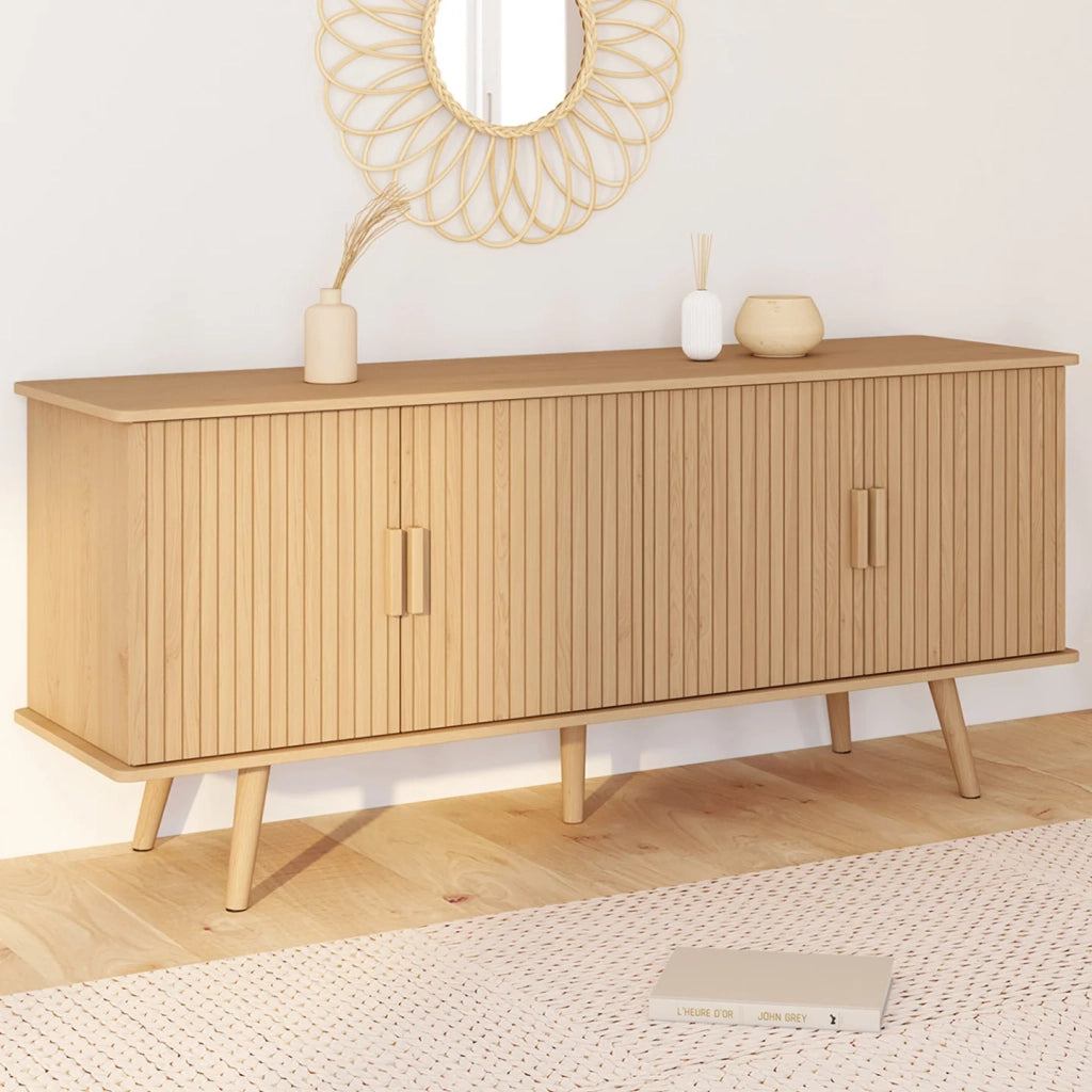 IDMarket - Credenza JULIETTE 140 cm con 4 ante a doghe in legno color rovere
