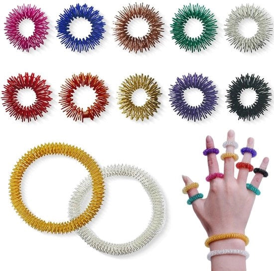 Set di acupressione - 10 acupressori per dita - 2 massaggi per polso - Riduzione dello stress - Promozione del flusso sanguigno - Acciaio inossidabile di alta qualità - Massaggi