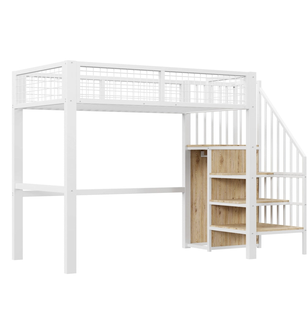 Letto a soppalco 90x200 cm bianco in metallo con scala e armadio
