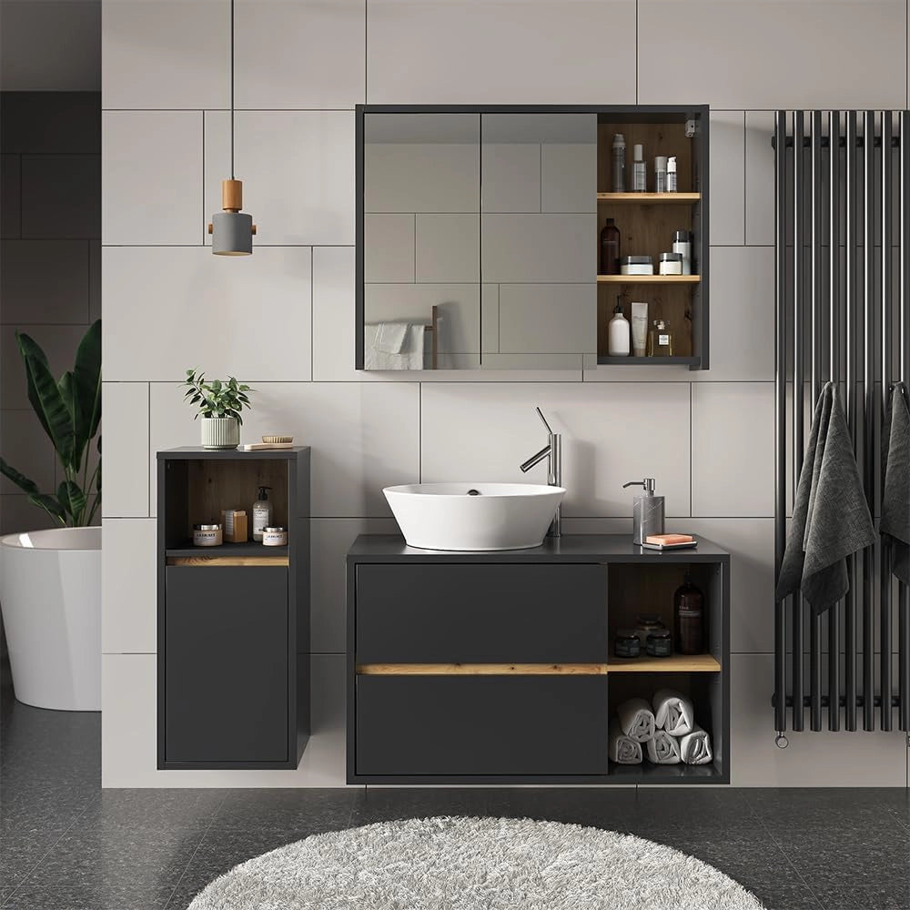 Mobiletto bagno Viola, Antracite, 33 x 80 cm, per montaggio a parete con vani a giorno e vani chiusi