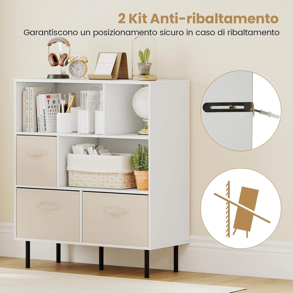 Libreria a 6 Cubi, Scaffale a 3 Livelli con 3 Cassetti in Tessuto Pieghevoli, Organizzatore Autoportante con Gambe in Metallo per Soggiorno, Ufficio, 90 x 40 x 105 cm (Bianco)