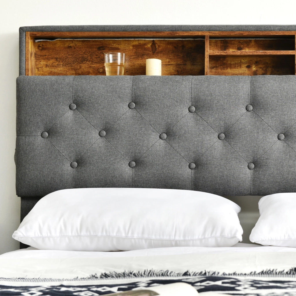 Letto matrimoniale ULEVR 140x200 cm con testiera contenitore e LED multicolore, grigio