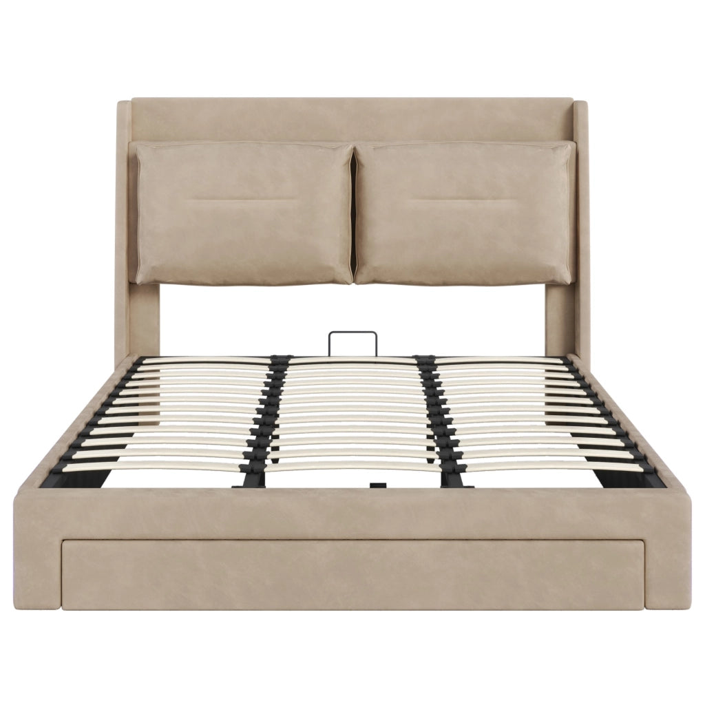 Letto imbottito in velluto beige 180x200cm con sistema idraulico due cassetti alla base strisce laterali LED e struttura a listelli senza materasso