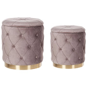 Set di pouf portaoggetti in velluto di poliestere grigio talpa con rivestimento capitonnè base dorata design retrò