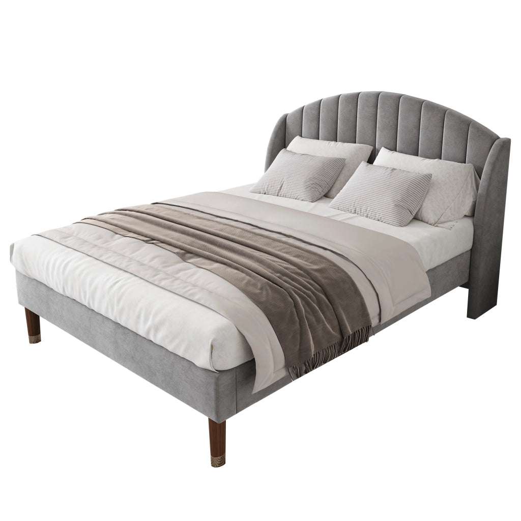 OKWISH Letto Matrimoniale 140×200 cm con Testiera Imbottita e Doghe in Legno, senza Materasso, in Velluto, Grigio