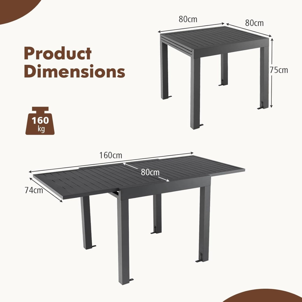Tavolo da giardino esterno in alluminio per qualsiasi tempo, tavolo da pranzo allungabile 80-160 cm per 4-6 persone, tavolo da pranzo rettangolare regolabile per giardino, terrazza