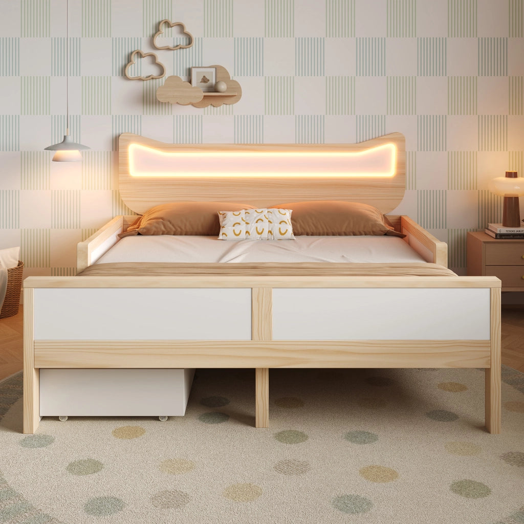 LETTO Bambini 140x200 cm Testiera gatto RGB LED Bianco e Rovere