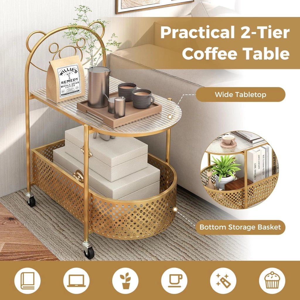Tavolino a 2 ripiani, con 4 ruote, carrello da portata con cesto portaoggetti e piano in vetro temperato, tavolino da caffè per camera da letto, sala da pranzo, soggiorno (oro)