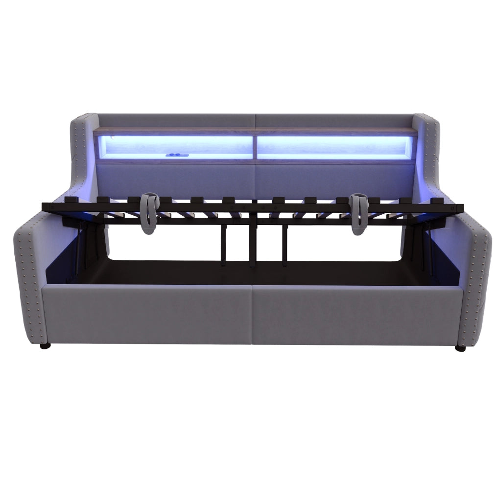 Divano letto imbottito in velluto grigio con vano contenitore e illuminazione LED