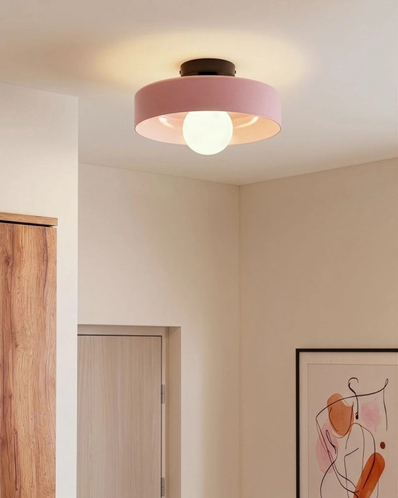 Lampada da soffitto con paralume in vetro rosa, modello a incasso, ideale per soffitti bassi