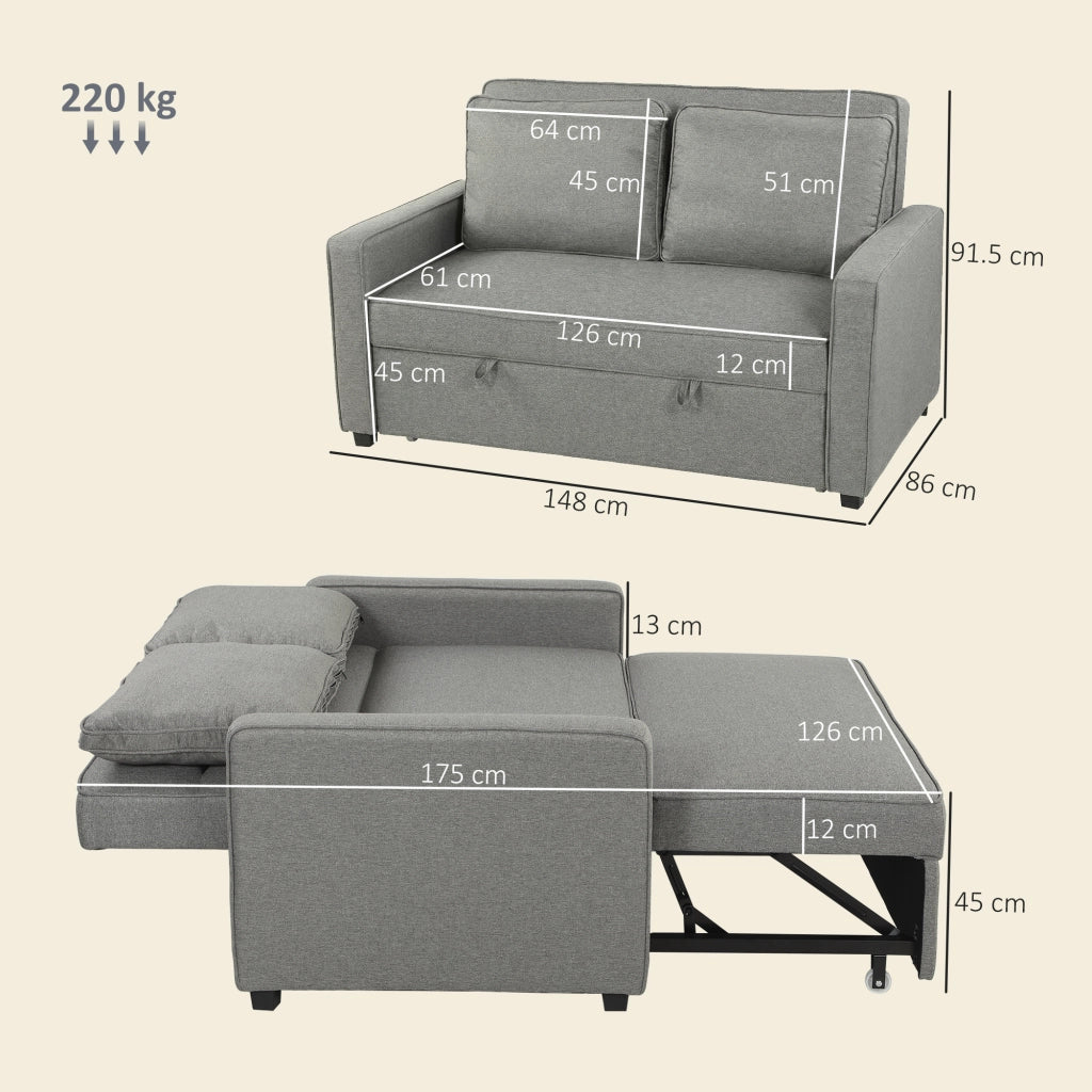 Divano Letto 2 Posti con Schienale Regolabile e Cuscini ¨C Zephmum ¨C Tessuto Grigio