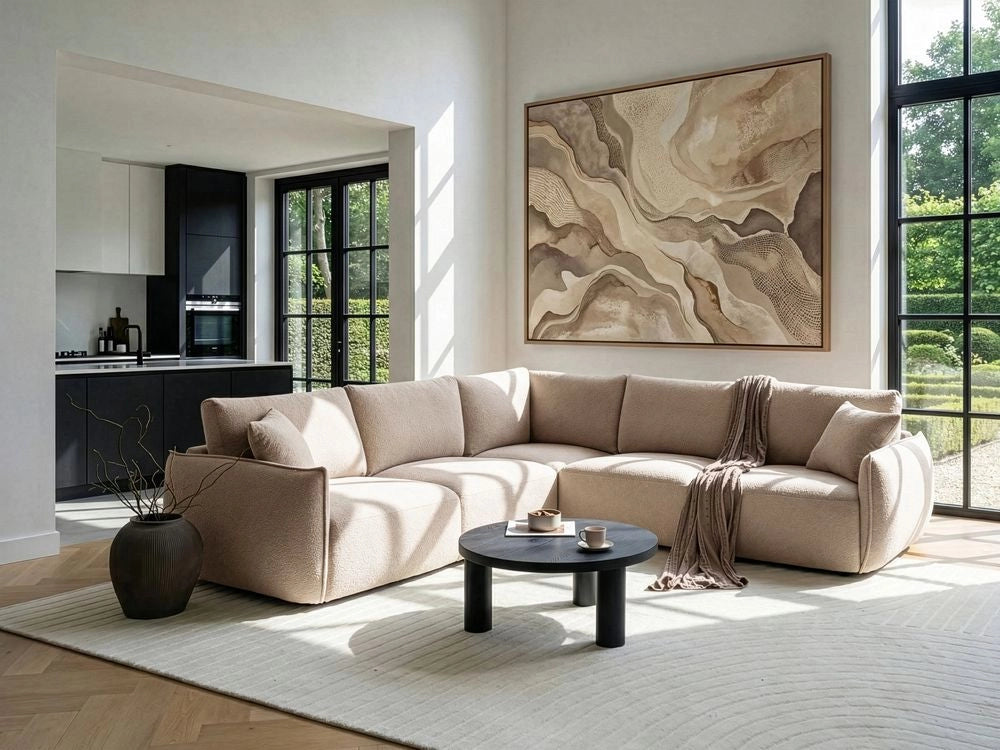 Divano angolare destro beige Boucle 5 posti Divano componibile modulare con cuscini Soggiorno moderno