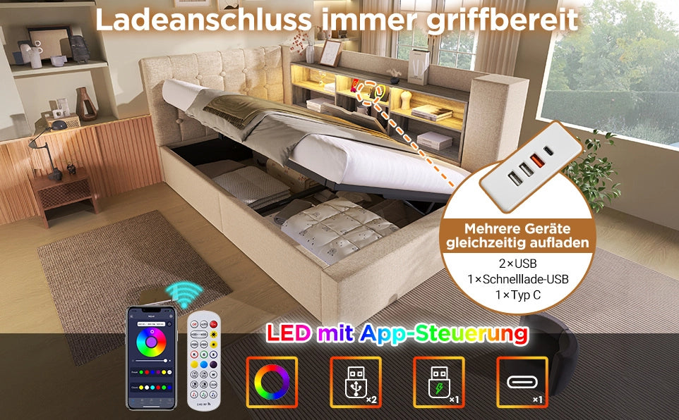 Letto imbottito 140x200 cm beige con LED, USB e materasso H3