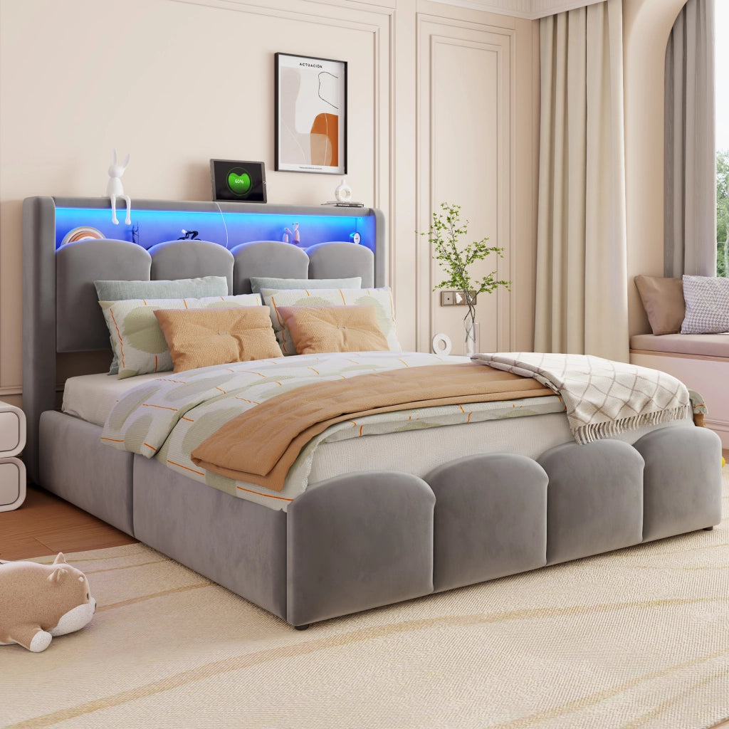 Letto imbottito matrimoniale 140 × 200 cm con contenitore, testiera con USB e Type-C, LED e velluto grigio