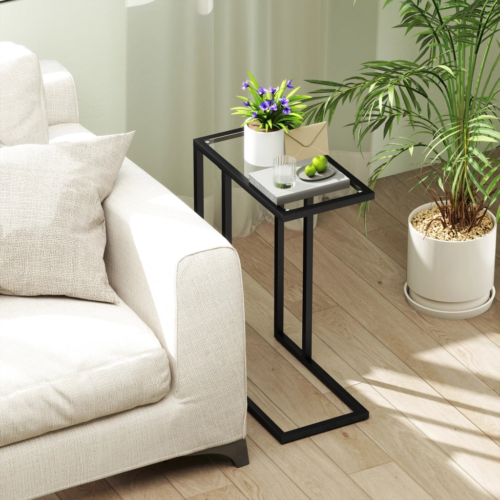 Tavolino da Salotto a Forma di C 46x25x63,5 cm in Vetro e Acciaio Nero