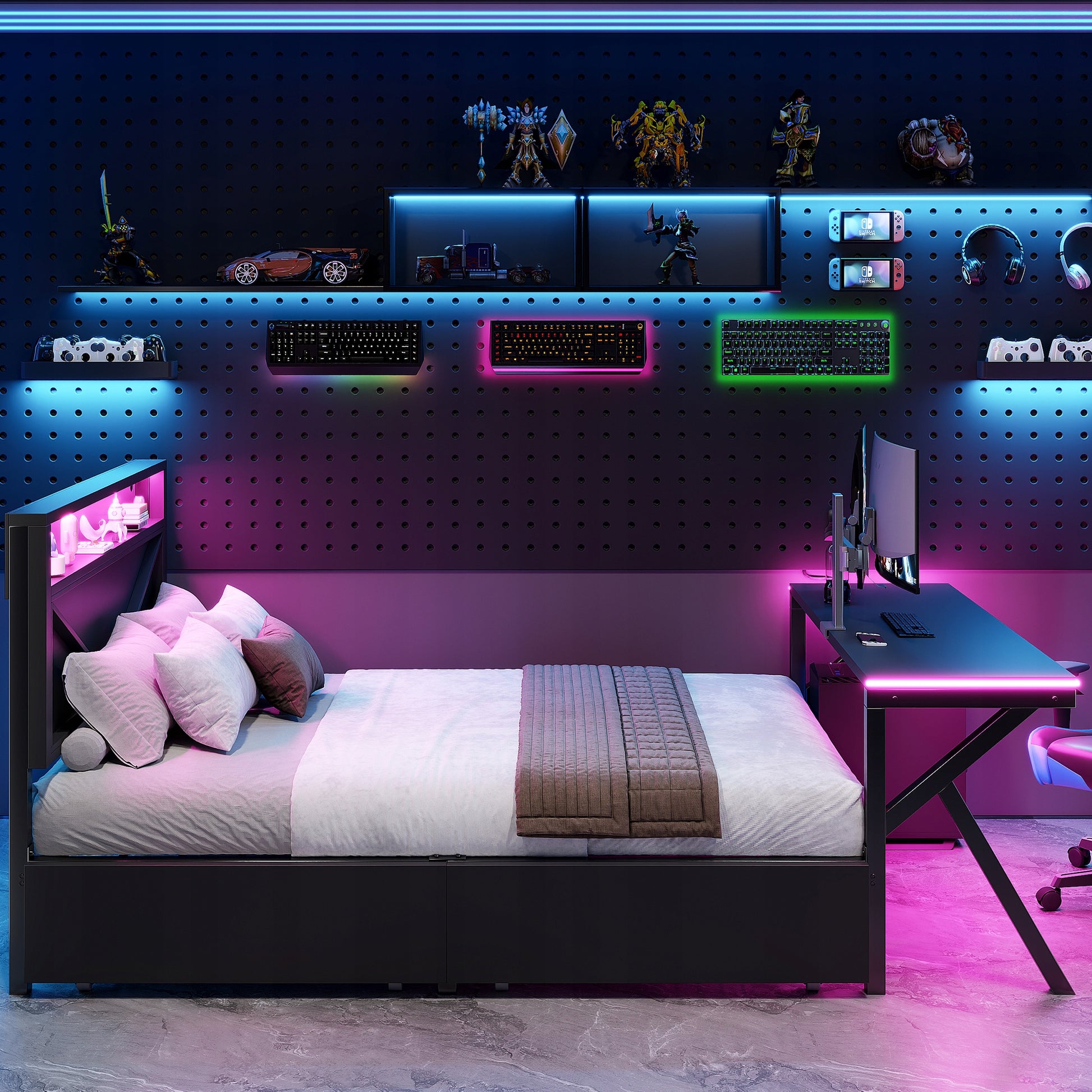 Letto gaming 140x200 - Xylo - LED, scrivania, cassetti, nero