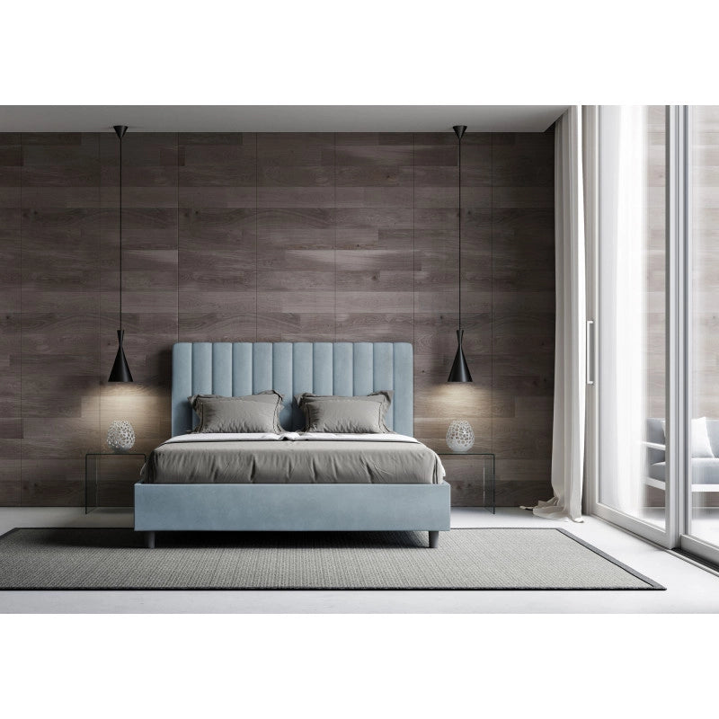 Letto imbottito Letto Matrimoniale alla Francese 150x200 cm Agueda - Con rete,Microfibra,Azzurro