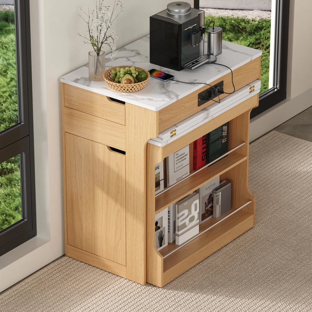 Tavolo da pranzo allungabile con 2 cassetti e vani; prese integrate - per cucina - 55×80×93 cm - naturale