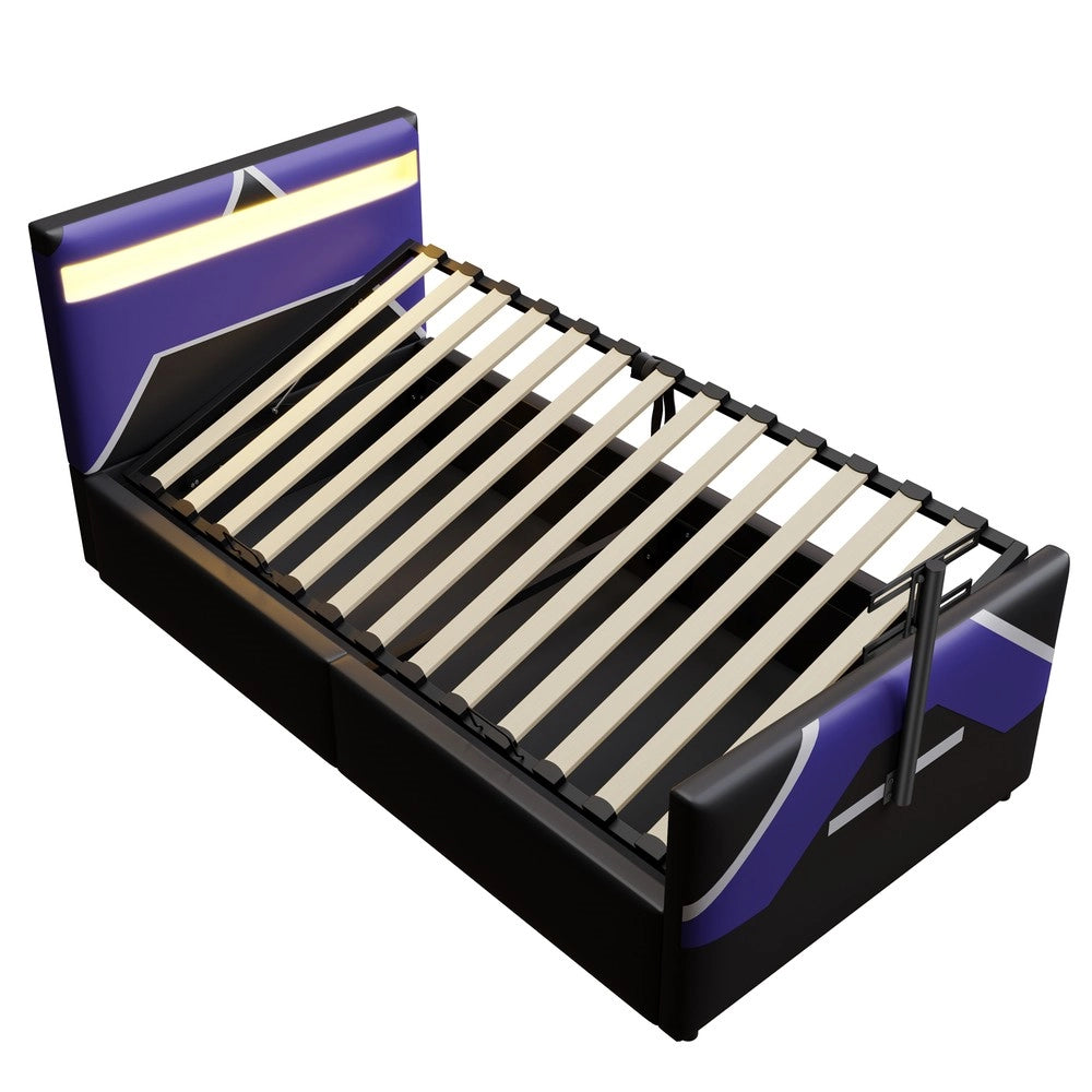 Letto Singolo Gaming 90x200 con LED, Contenitore Idraulico e Supporto TV ¨C Xylo ¨C PU Nero