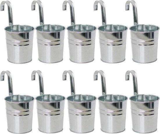 Set di vasi da giardino in metallo da appendere 10 cm - Set da 10 - Vasi da piante da appendere - Cassetto per fiori con gancio rimovibile per cancello balcone - Decorazione per giardino e casa - Argento
