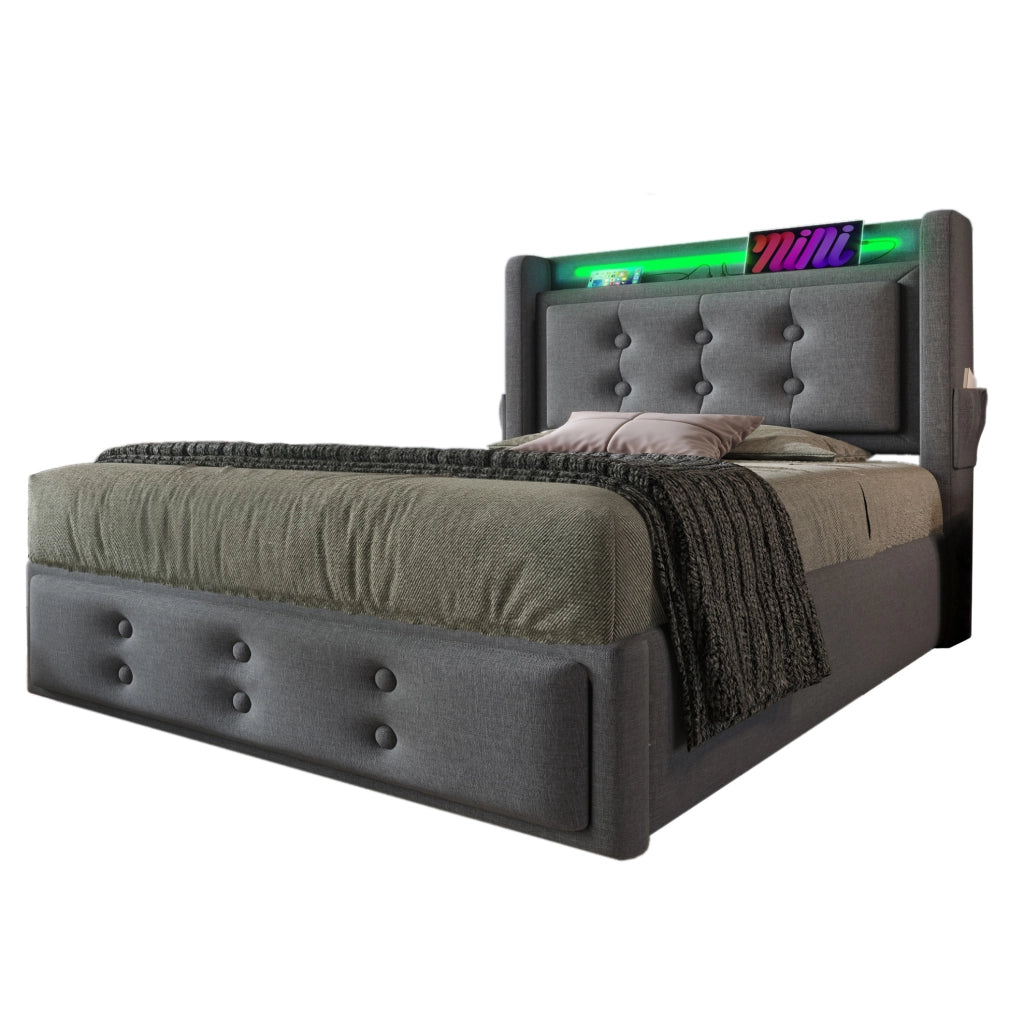 Letto singolo 90x200 cm imbottito in cotone e lino con LED; USB e contenitore; grigio