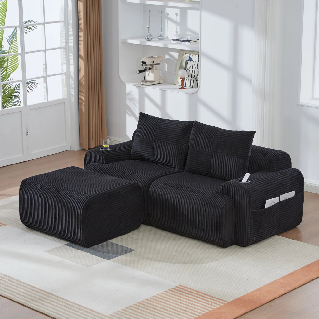 DIVANO modulare 2 posti 200x174x80 cm in velluto a coste nero con pouf