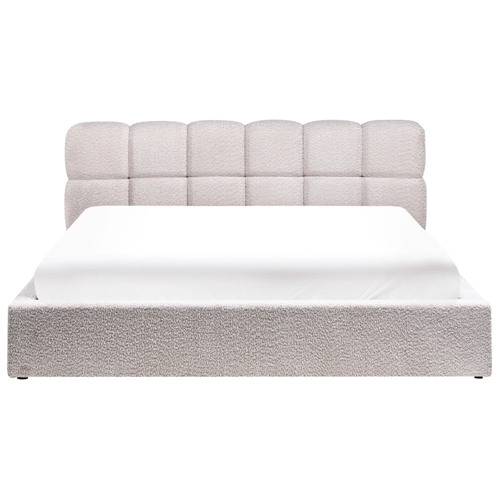 Letto King Size EU in tessuto bouclé beige chiaro 180 x 200 cm Struttura imbottita con testiera effetto biscotto e vano contenitore