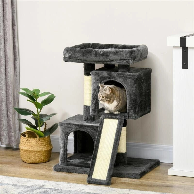 ALBERO TIRAGRAFFI PER GATTI CON PALI IN SISAL, LETTINO E 2 CASETTE, 59X39X83CM, NERO