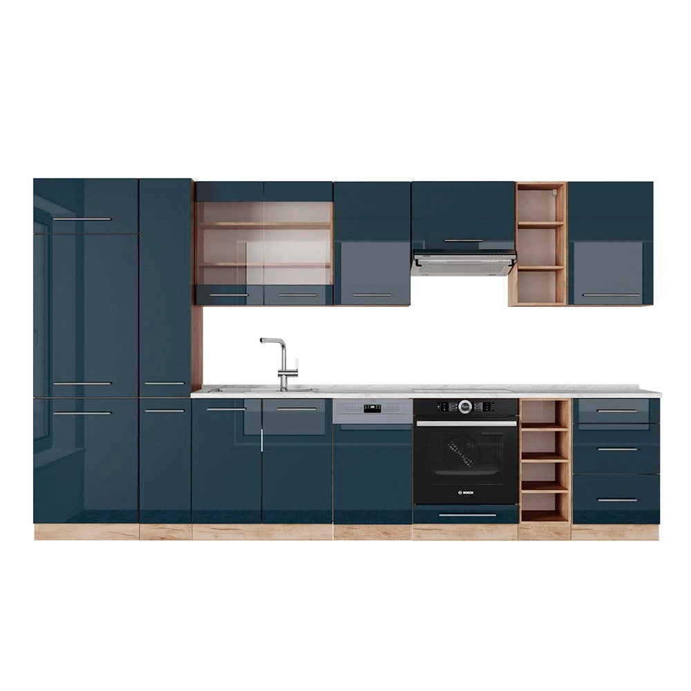 Cucina componibile Fame-Line Blu scuro lucido/Rovere dorato 355 cm, PL Marmo Vicco