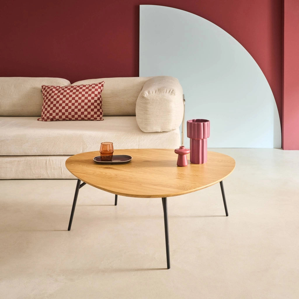 Tavolino ovale con gambe in metallo nero e effetto rovere, quercia