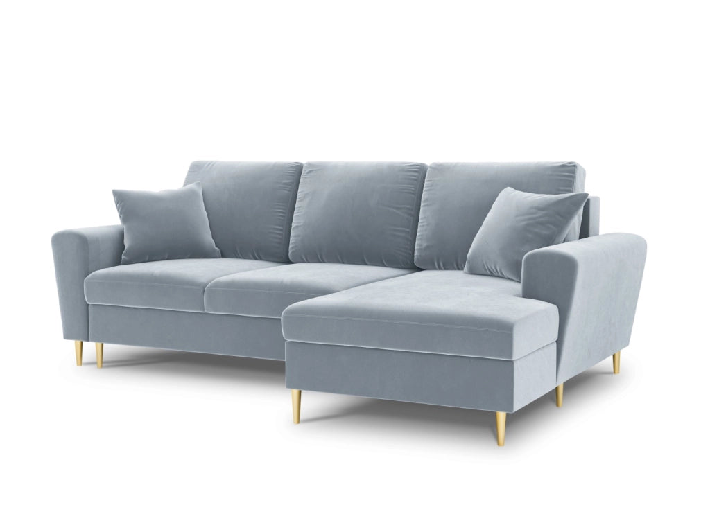 Cosmopolitan Design - Divano convertibile angolare destro con contenitore "Kyoto" 4 posti in velluto azzurro 