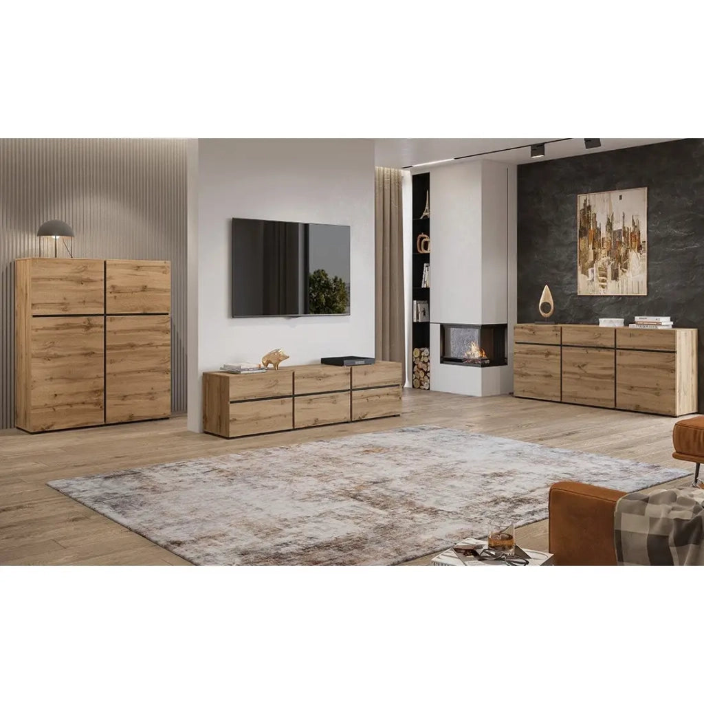 Buffet coloris chêne et noir 180cm collection HAVANA. Credenza design con 3 porte e 3 cassetti.